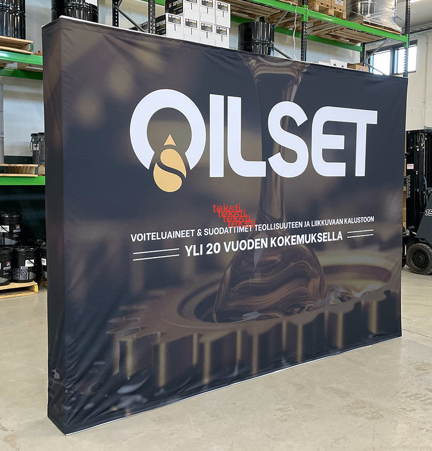 Pop- up messuseinä 3.7 x 2.25 m suora, nopea kasata.