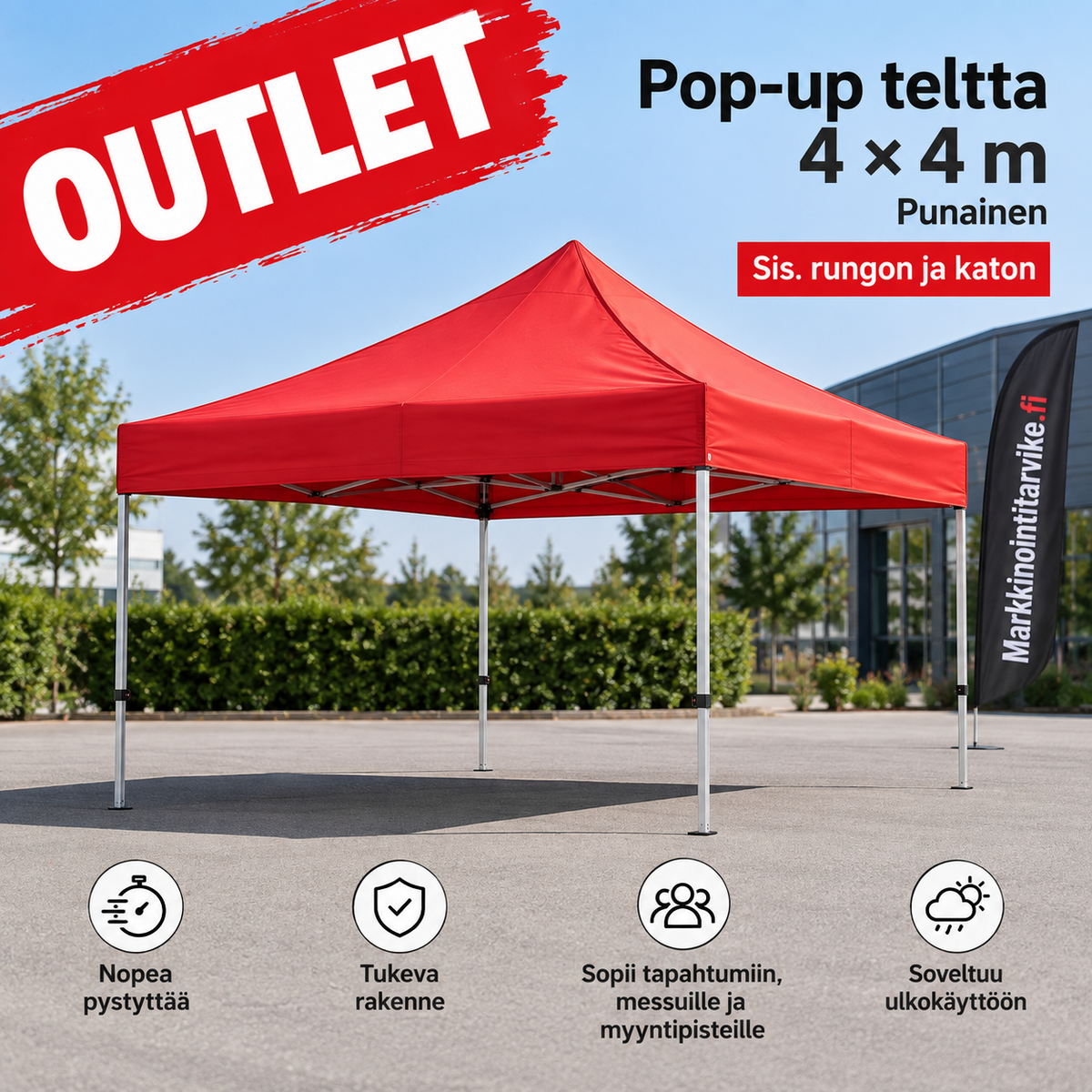 OUTLET – Pop-up teltta 4 × 4 m, punainen – sis. rungon ja katon