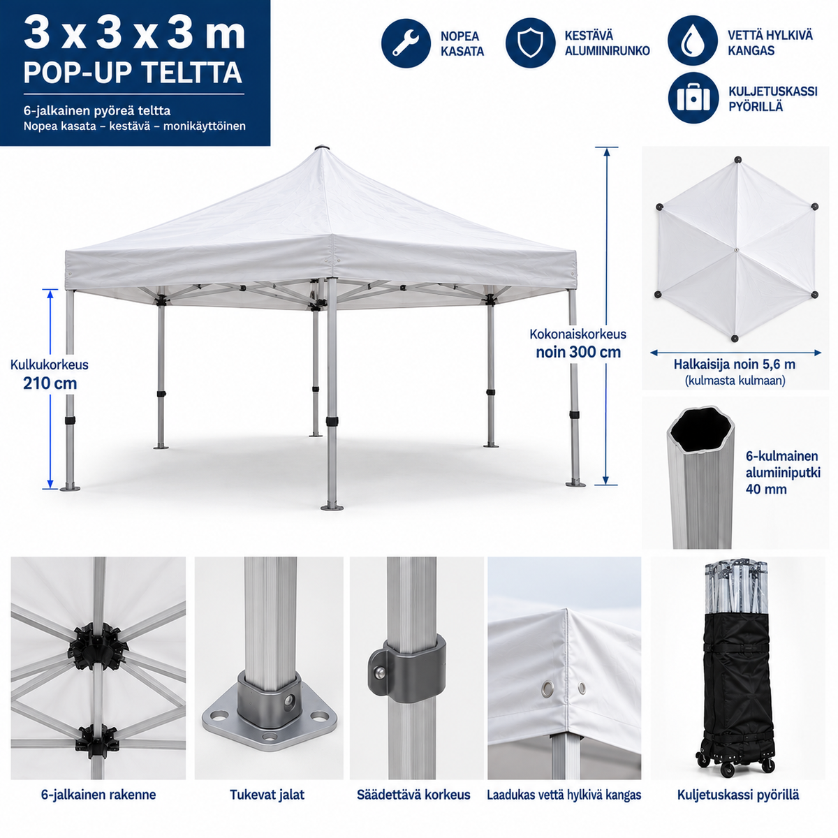 OUTLET – Pop-up teltta 3 × 3 × 3 m, 6-jalkainen pyöreä/kuusikulmainen, valkoinen