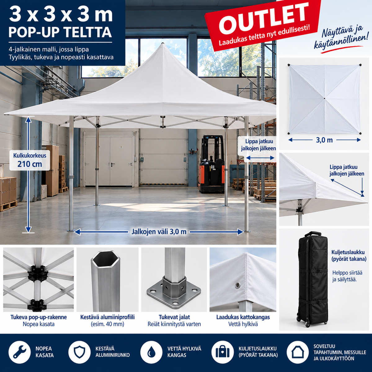 OUTLET Myyntiteltta 3 × 3 m  – 50 mm alumiinirunko, valkoinen