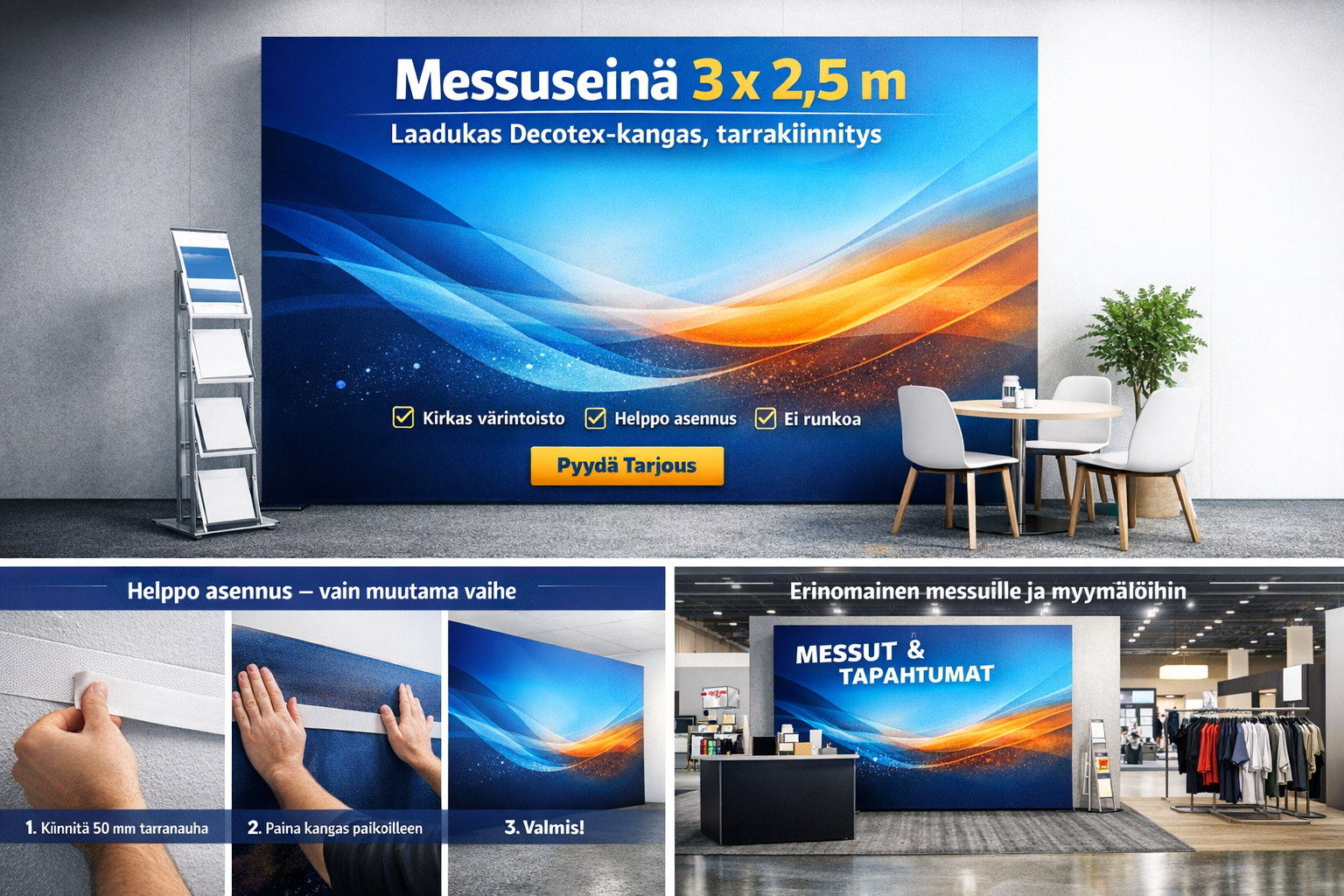 Näyttävä messuseinä 3 x 2,5 m – helppo tarrakiinnitys ilman runkoa