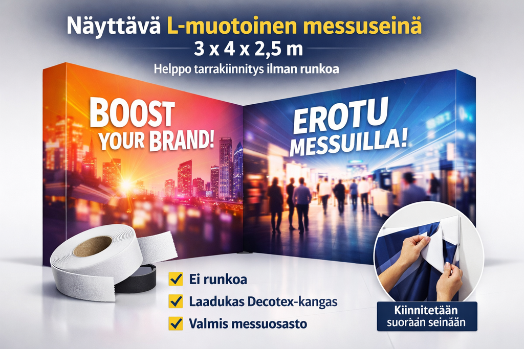 Näyttävä L-muotoinen messuseinä 3x4x2,5 m  – helppo tarrakiinnitys ilman runkoa